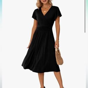 GRECERELLE Women Casual Ruffle Short Sleeve Wrap V-Neck Dress with Pockets M